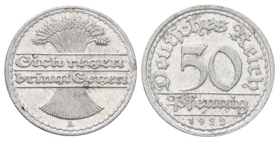 Германия 50 пфеннигов 1922 A KM 27, J. 301 алюминий 4700-953