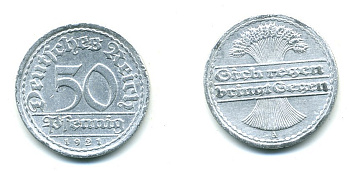 ГЕРМАНИЯ 50 ПФЕННИГОВ 1921 A KM 27, J. 301 алюминий 23-824