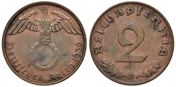 Германия 2 рейхспфеннига 1939 B KM 38, J. 362 алюминиевая бронза 4121-634