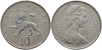 Великобритания 10 пенсов 1968 Елизавета II (1952-2022) KM 912, Spink 4231 (F1) медно-никель 4394-1236