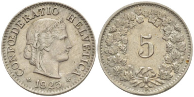 ШВЕЙЦАРИЯ 5 РАППЕНОВ 1925 В KM 26 медно-никель 4532-924