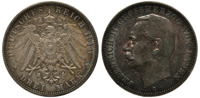 Баден 3 марки 1911 Фридрих II (1907-1918) J. 39, KM 280 серебро    3711-1711