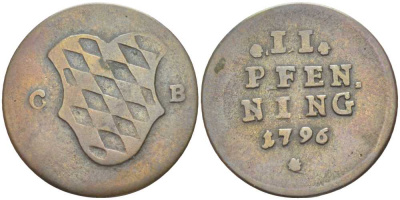 Бавария 2 пфеннига 1796 GB, Карл Теодор (1777-1799) КМ 269 медь 201-238