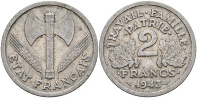 Франция 2 франка 1943 правительство Виши KM 904.1 алюминий    4601-916