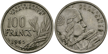 Франция 100 франков 1955 KM 919.1 медно-никель 4575-1025