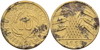 ГЕРМАНИЯ 10 РЕНТЕНПФЕННИГОВ 1924 А KM 33, J. 309 алюминиевая бронза 4401-344