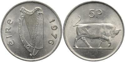 Ирландия 5 пенсов 1976 бык KM 22 медно-никель 4171-233