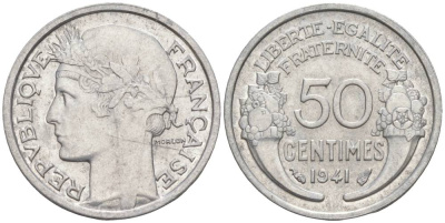 ФРАНЦИЯ 50 САНТИМОВ 1941 ТИП MORLON LOURDE KM 894.1a, LE FRANC 193.2 алюминий 44-229
