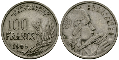 Франция 100 франков 1955 KM 919.1 медно-никель 4575-1025