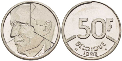 БЕЛЬГИЯ 50 ФРАНКОВ 1993 BELGIQUE, БОДУЭН I (1951-1993) KM 168 никель 210-955