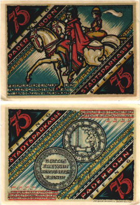 ПАДЕБОРН 75 ПФЕННИГОВ 1921 НОТГЕЛЬД, 10 НОЯБРЯ 1921, ЗЕМЛЯ СЕВЕРНЫЙ РЕЙН-ВЕСТФАЛИЯ Grabowski 1043.3 бумага 7484-69-3-2