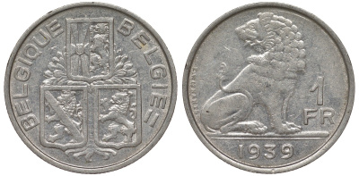 Бельгия 1 франк 1939 Леопольд III (1934-1950), Belgique-Belgie, лев KM 119 никель 4163-157