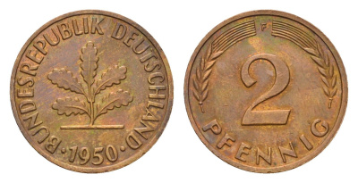 ФРГ 2 пфеннига 1950 F KM 106, J. 381 бронза 4682-1052