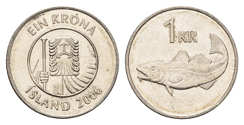 Исландия 1 крона 2006 треска KM 27a сталь плакированная никелем UNC 4691-614