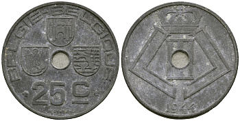 Бельгия 25 сантимов 1944 BELGIE - BELGIQUE KM 132 цинк 4172-133