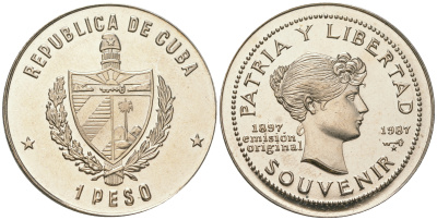 Куба 1 песо 1987 90 лет "сувенирного" песо KM 165 медно-никель PROOF 4165-326