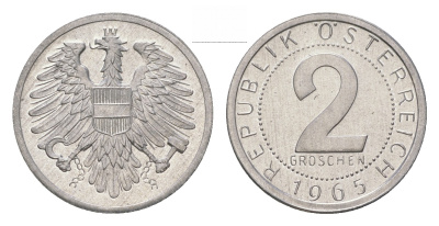 Австрия 2 гроша 1965 из ролла KM 2876 алюминий UNC M63-04