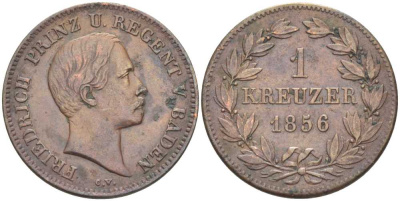 Баден 1 крейцер 1856 Великий Герцог Фридрих I (1856-1907) ПРИНЦ РЕГЕНТ КМ 231 медь 441-713