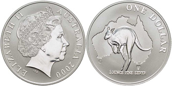 Австралия 1 доллар 2000 кенгуру на фоне карты Австралии KM 490.1 серебро  UNC  1078-3-13