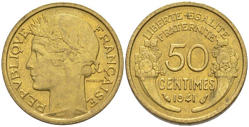 ФРАНЦИЯ 50 САНТИМОВ 1941 ТИП MORLON KM 894.1, LE FRANC 192.18 алюминиевая бронза 44-628