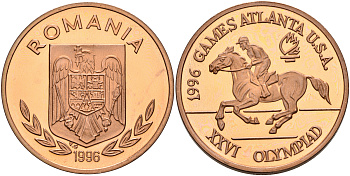 Румыния 100 леев 1996 XXVI Олимпийские игры 1996 года в Атланте, 100 лет Олимпийскому движению, скачки, пробный выпуск, пифорт KM PnB 315B1 медь  PROOF  1525-1243