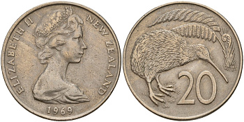 Новая Зеландия 20 центов 1969 Елизавета II (1952-2022), птичка киви KM 36.1 медно-никель 4131-1235