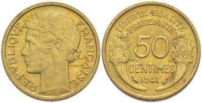 ФРАНЦИЯ 50 САНТИМОВ 1941 ТИП MORLON KM 894.1, LE FRANC 192.18 алюминиевая бронза 44-628