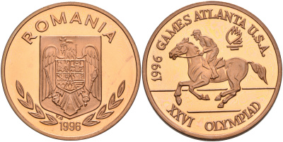 Румыния 100 леев 1996 XXVI Олимпийские игры 1996 года в Атланте, 100 лет Олимпийскому движению, скачки, пробный выпуск, пифорт KM PnB 315B1 медь  PROOF  1525-1243