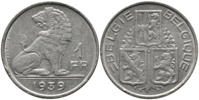 БЕЛЬГИЯ 1 ФРАНК 1939 BELGIE-BELGIQUE KM 120 никель 4385-747