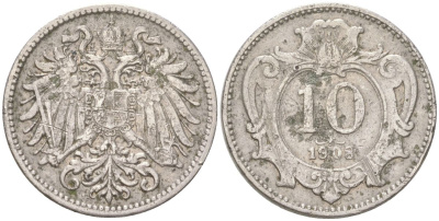 Австрия 10 геллеров 1908 Франц Иосиф I (1848-1916) KM 2802 никель 4613-1159