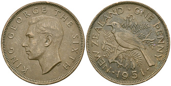Новая Зеландия 1 пенни 1951 Георг VI (1936-1952), новозеландский туи KM 21 бронза 4536-324
