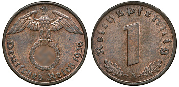 ГЕРМАНИЯ 1 РЕЙХСПФЕННИГ 1936 A цена по каталогу МТ 85 евро J 361, KM 89 бронза UNC 72-1611