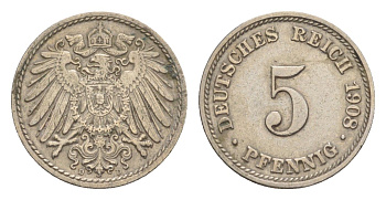 Германия 5 пфеннигов 1908 D, Вильгельм II (1888-1918) KM 11, J. 12 медно-никель 4640-126