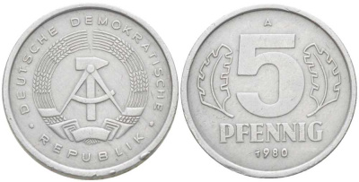 ГДР 5 пфеннигов 1980 А KM 9.2 алюминий 206-1136