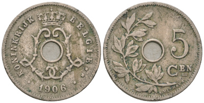 Бельгия 5 сантимов 1906 Belgie, Леопольд II (1865-1909) KM 55 медно-никель 4385-618