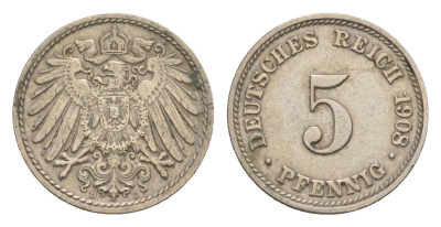 Германия 5 пфеннигов 1908 D, Вильгельм II (1888-1918) KM 11, J. 12 медно-никель 4640-126