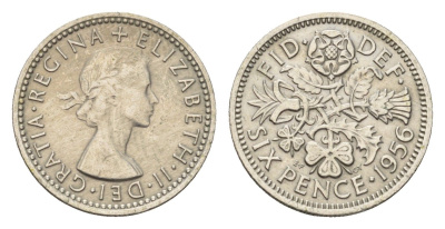 Великобритания 6 пенсов 1956 Елизавета II (1952-2022) KM 903, Spink 4149 медно-никель 100-533