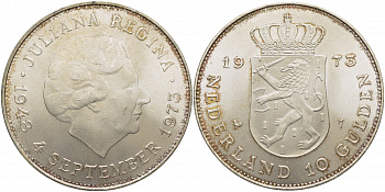 Нидерланды 10 гульденов 1973 25 лет правления королевы Юлианы KM 196 серебро UNC 3896-1142