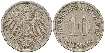 Германия 10 пфенингов 1903 A, Вильгельм II (1888-1918) KM 12 медно-никель 4529-553