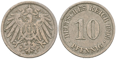 Германия 10 пфенингов 1903 A, Вильгельм II (1888-1918) KM 12 медно-никель 4529-553