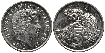 Новая Зеландия 5 центов 2003 ящерица гаттерия, Елизавета II (1952-) KM 116 медно-никель 188-1246