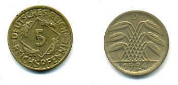 ГЕРМАНИЯ 5 РЕЙХСПФЕННИГОВ 1924 D, KM 39, J. 316 алюминиевая бронза 46-2125