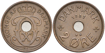 Дания 2 эре 1931 N; GJ, Кристиан X (1912-1947) KM 827.2 бронза 190-943