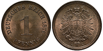 Германия 1 пфенниг 1876 A, СТАРОГЕРБОВКА KM 1, J. 1 медь aUNC 00-00