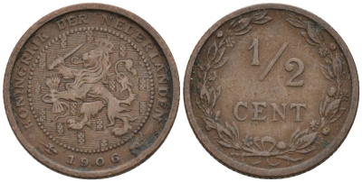 Нидерланды 1/2 цента 1906 Вильгельмина (1890-1948) KM 133 бронза 4576-327