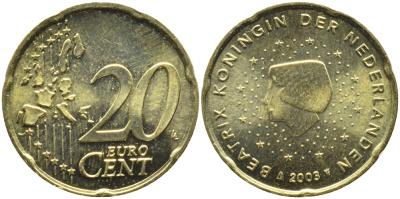 Нидерланды 20 евроцентов 2003 Беатрикс (1980-2013) KM 238 латунь UNC 08-1012