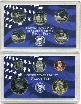 США два набора в одном 2003 два официальных набора в пластике, буква S, годовой набор и пять квотеров штаты Иллинойс, Алабама, Мэн, Миссури, Арканзас, синий, с сертификатом  серебро  PROOF  7-5-6-14