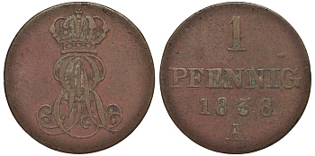 Ганновер 1 пфенниг 1838 A, Эрнст Август (1837-1851) KM 173.1, AKS 126, J. 54 медь 75-815