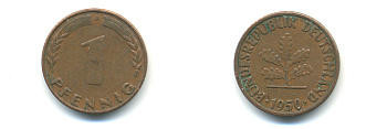 ФРГ 1 ПФЕННИГ 1950 J KM 105, J.380 сталь плакированная медью 176-653