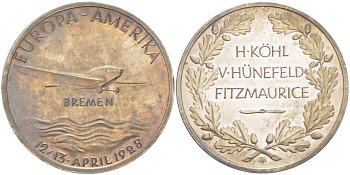 БРЕМЕН МЕДАЛЬ 1928 12-13 АПРЕЛЯ 1928, ПЕРЕЛЁТ ЧЕРЕЗ АТЛАНТИКУ (ЕВРОПА - АМЕРИКА), ВЕС 25 ГР., ДИАМЕТР 36,5 ММ. Kaiser 939. серебро 1084-2-13
